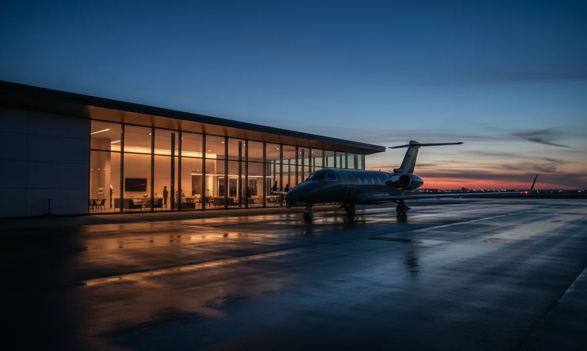 A modern private airport terminal at dusk with a private jet parked on the tarmac in front.