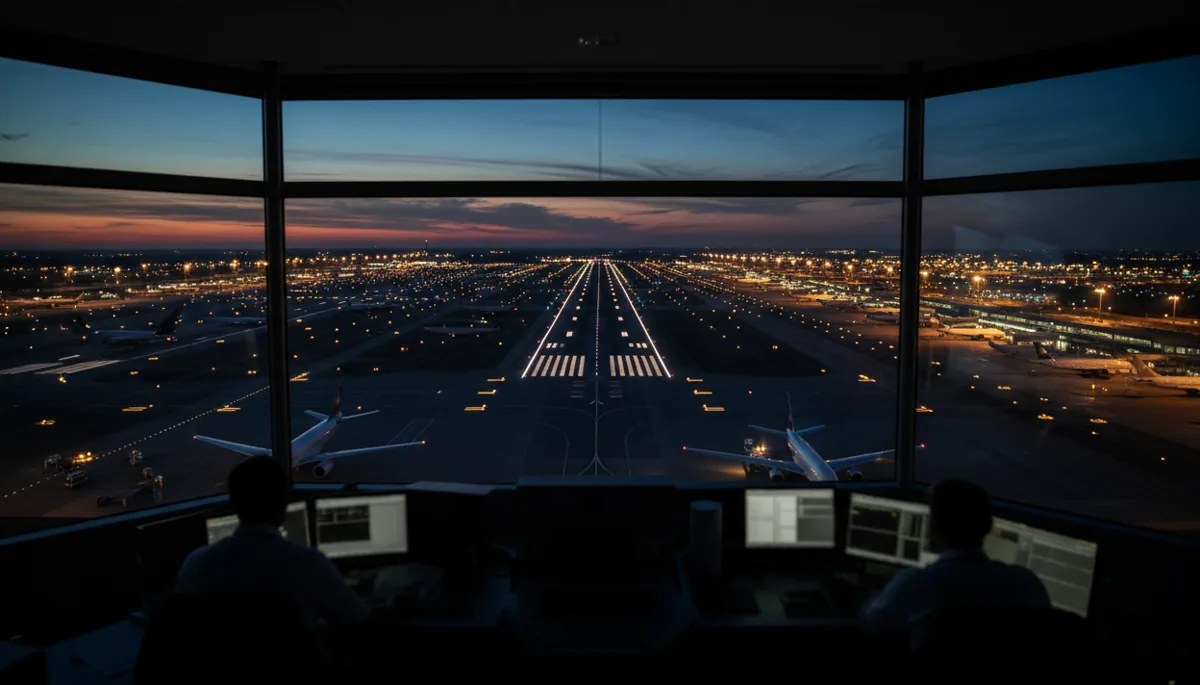 An airport runway system viewed from an air traffic control tower at dusk, with planes on the tarmac.