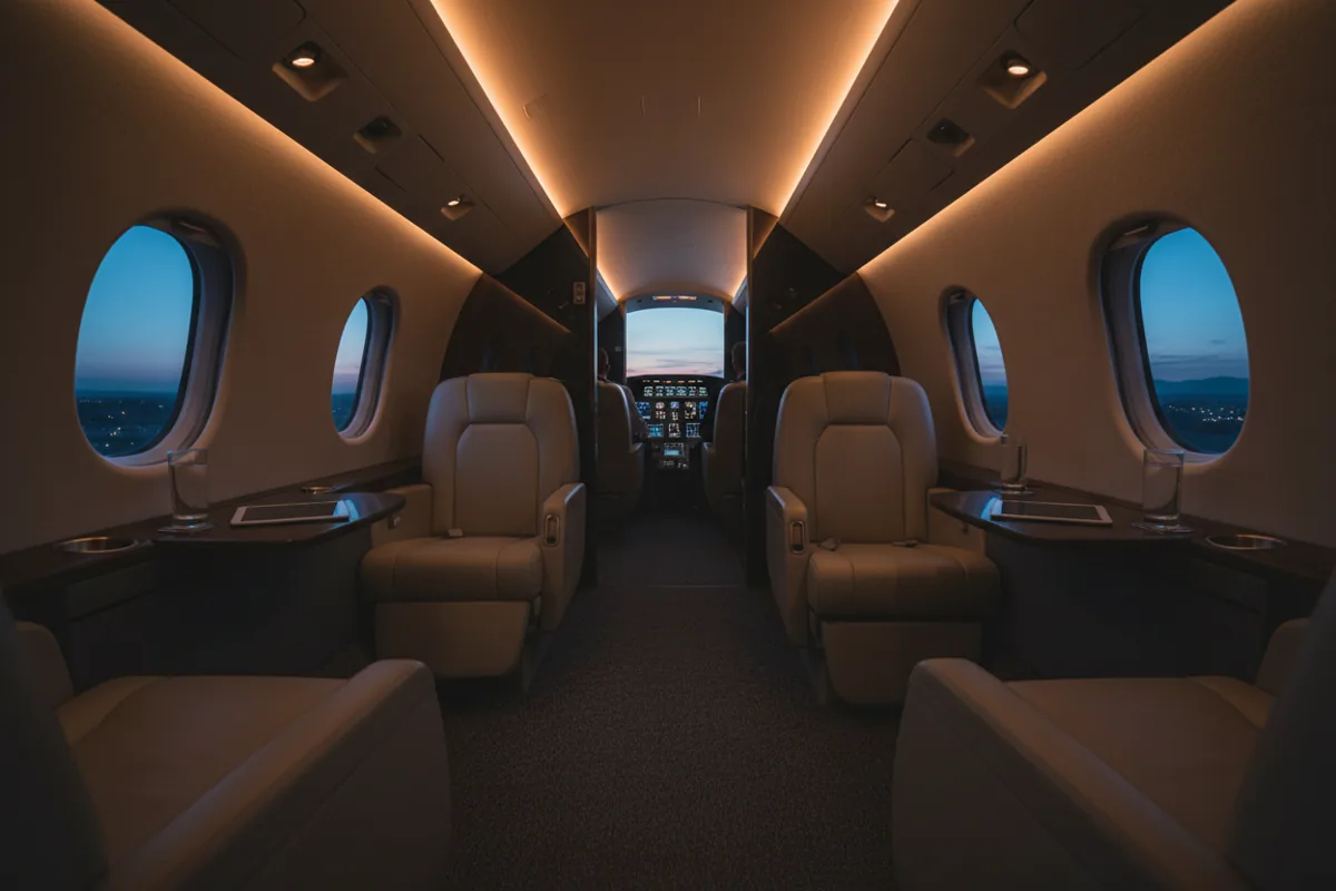 The empty, luxurious interior of a private jet cabin with warm lighting and plush seats.