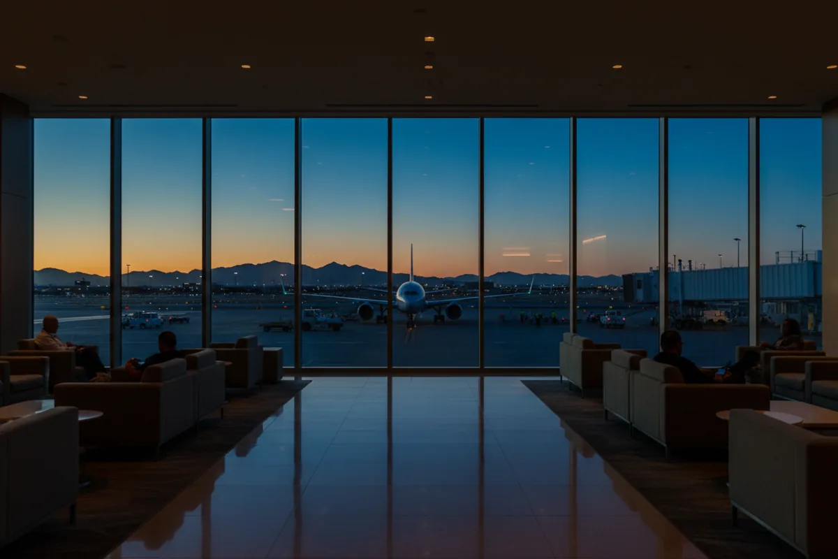 A modern airport lounge at dusk with a view of an airplane and desert mountains.