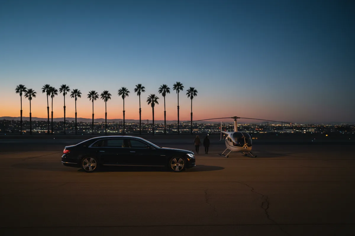 A luxury car and a helicopter on an airport tarmac at dusk, with Los Angeles city lights in the distance.