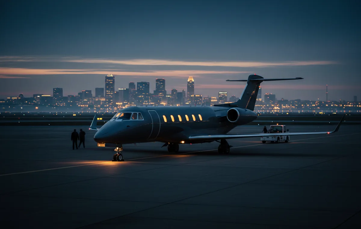A private jet on an airport tarmac at dusk, with a city skyline in the background.