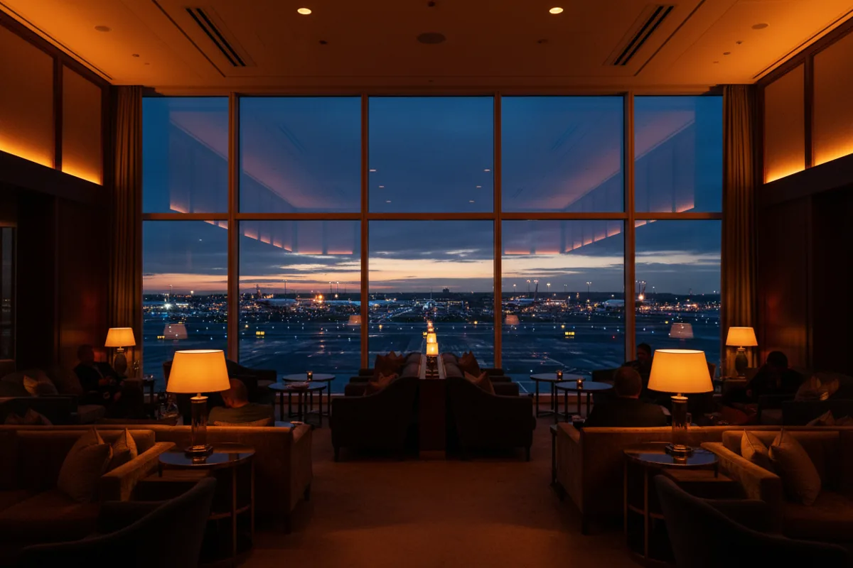 A modern, empty airport lounge with large windows looking out onto the airfield at twilight.