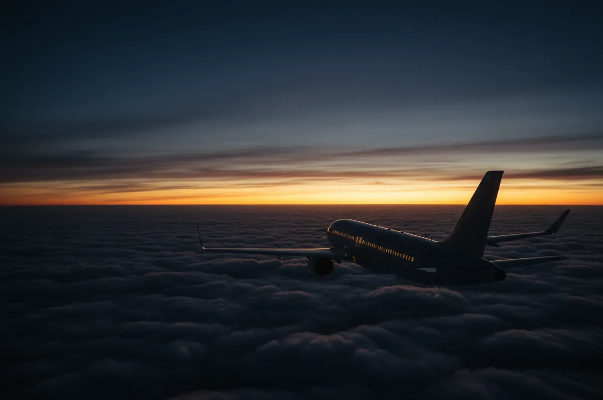 An airplane flying above the clouds at sunset.