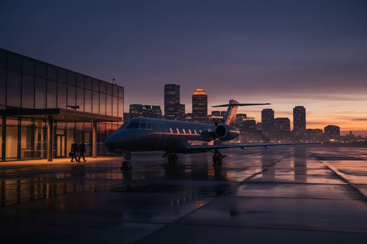 A private jet on an airport tarmac at dusk, with the glowing Boston skyline in the background.