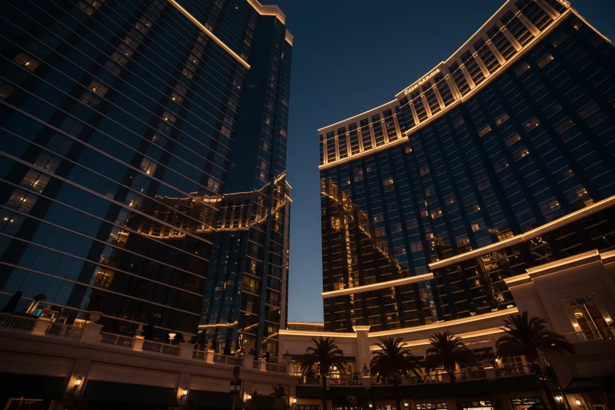 A low-angle view of illuminated modern hotels on the Las Vegas Strip against a dark blue evening sky.