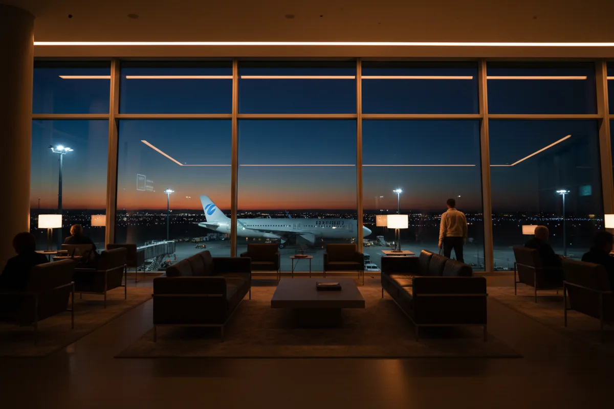 A modern, luxurious airport lounge at night with a view of an airplane on the tarmac.