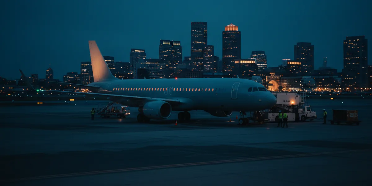 A jet on an airport tarmac at dusk with the Boston skyline in the background.