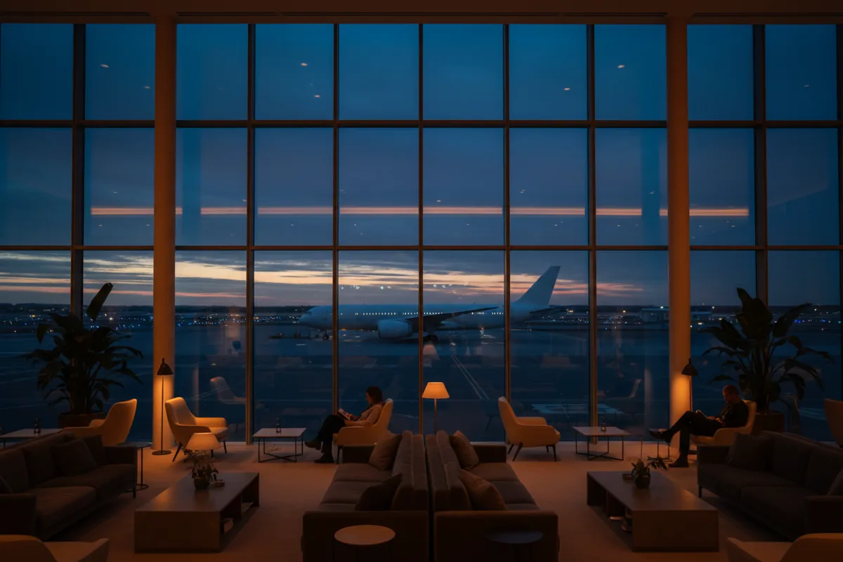 A modern, empty airport lounge with large windows overlooking the tarmac at night.