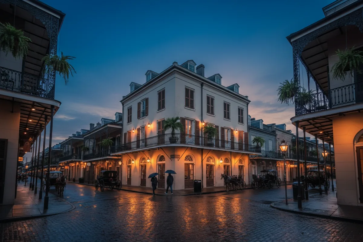 A street in the New Orleans French Quarter at dusk, with gas lamps lighting historic balconies.