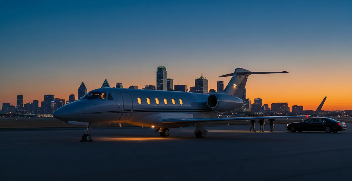 A private jet on an airport tarmac at dusk with the Dallas skyline in the background.