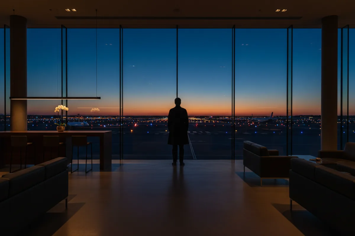 A modern airport lounge with large windows overlooking the airfield at dusk.