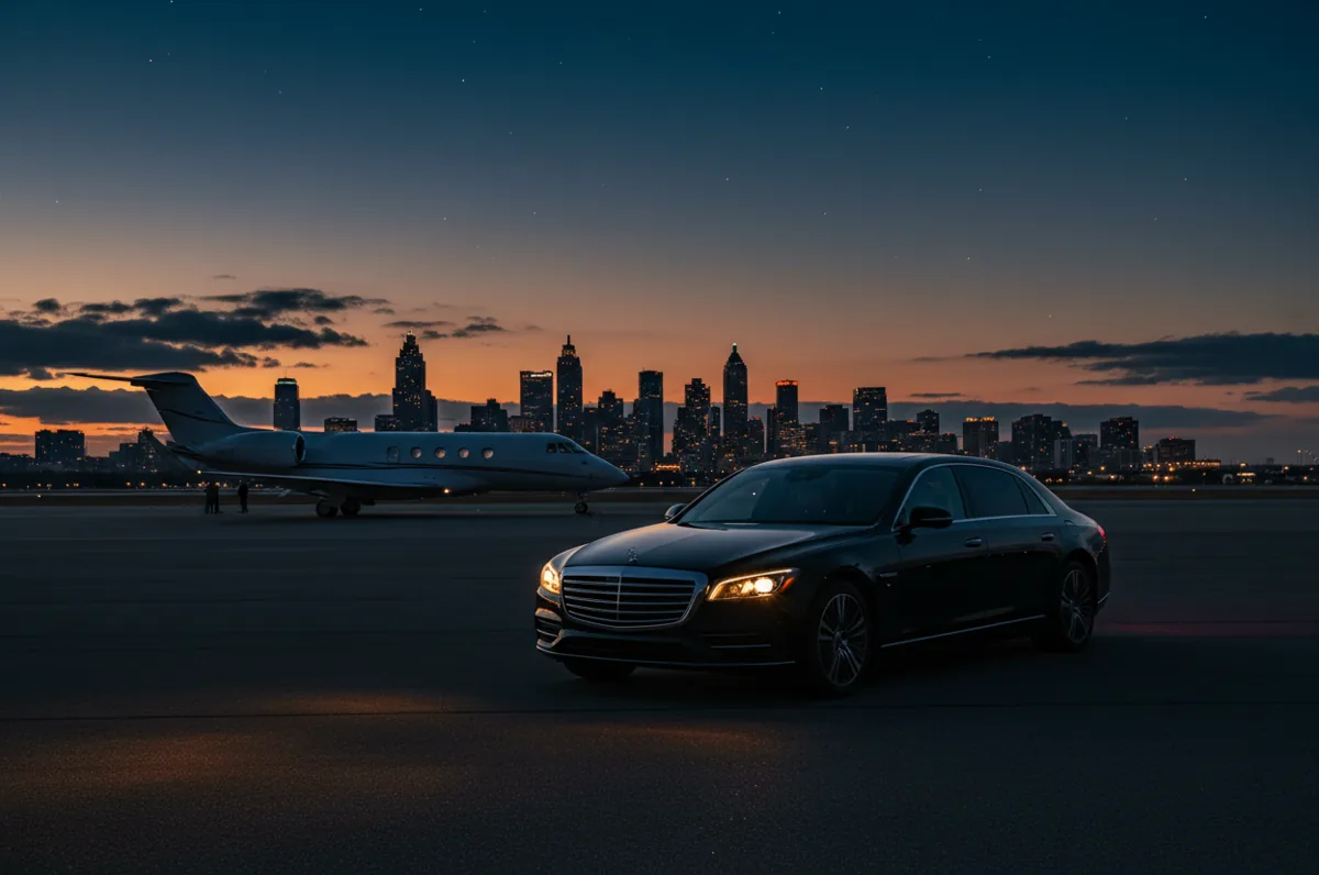 A luxury car waits on the tarmac for a private jet that has just landed near Atlanta at night.