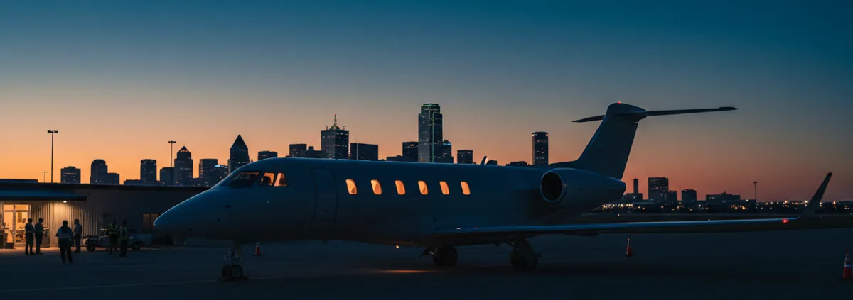 A private jet on an airport tarmac at dusk, with the Dallas skyline visible in the distance.