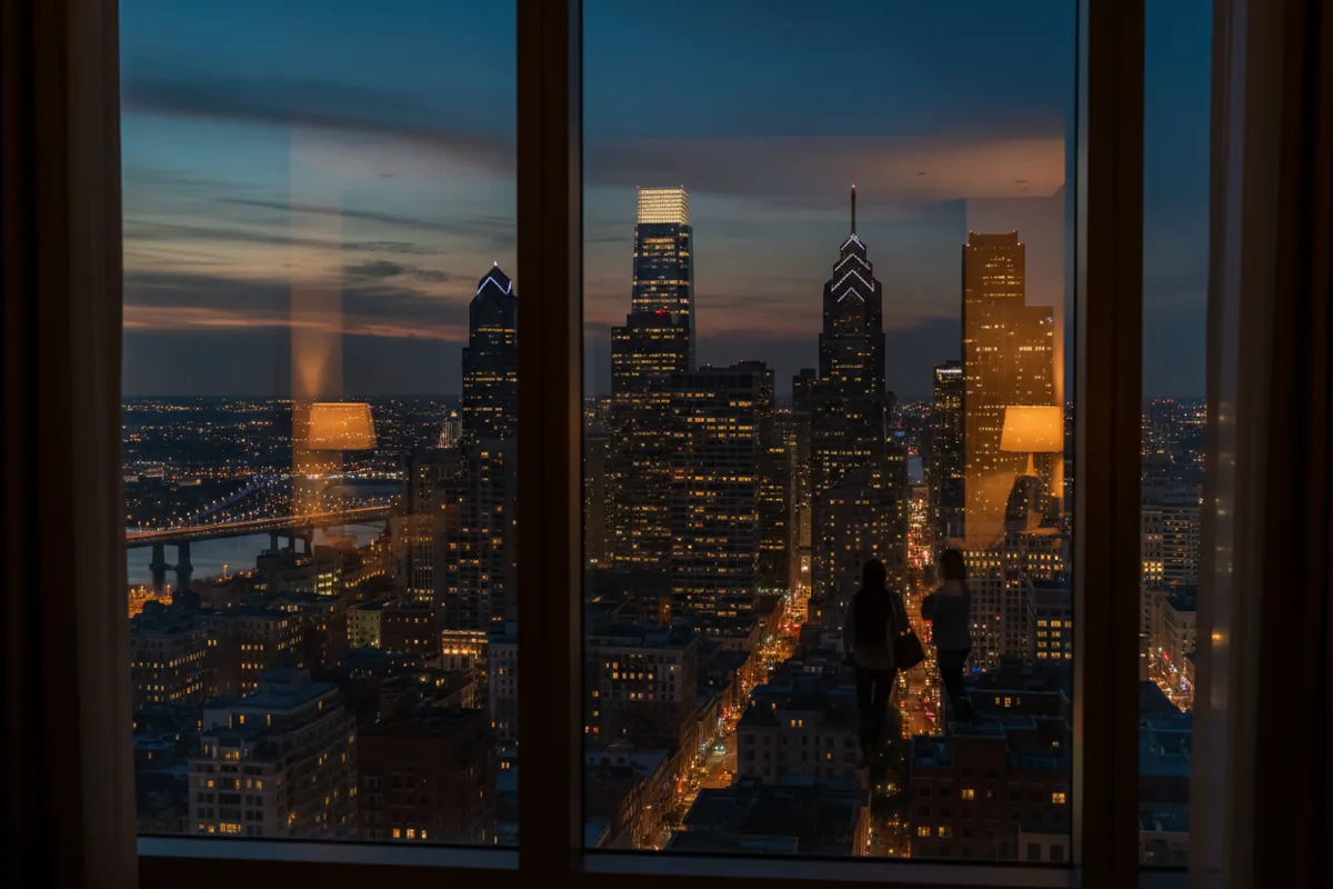 The Philadelphia skyline and its glowing city lights seen at dusk from a high-rise window.