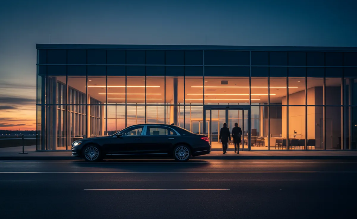 A luxury black car waiting outside a modern airport terminal at twilight.