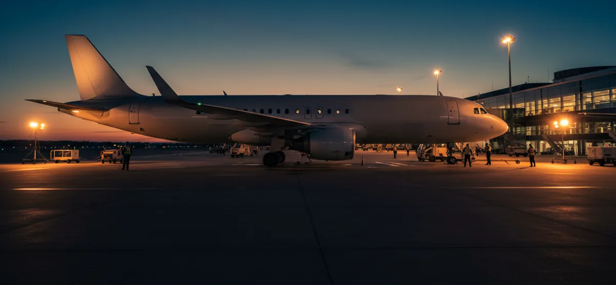 A passenger jet on an airport tarmac at dusk, with glowing lights from the terminal in the background.