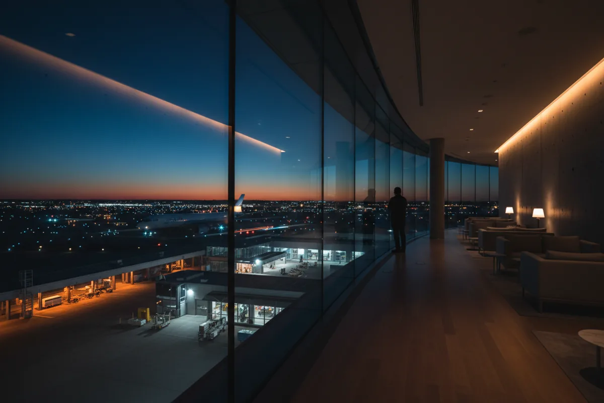 A silhouette of a person in a modern airport lounge looking out at the airfield at dusk.