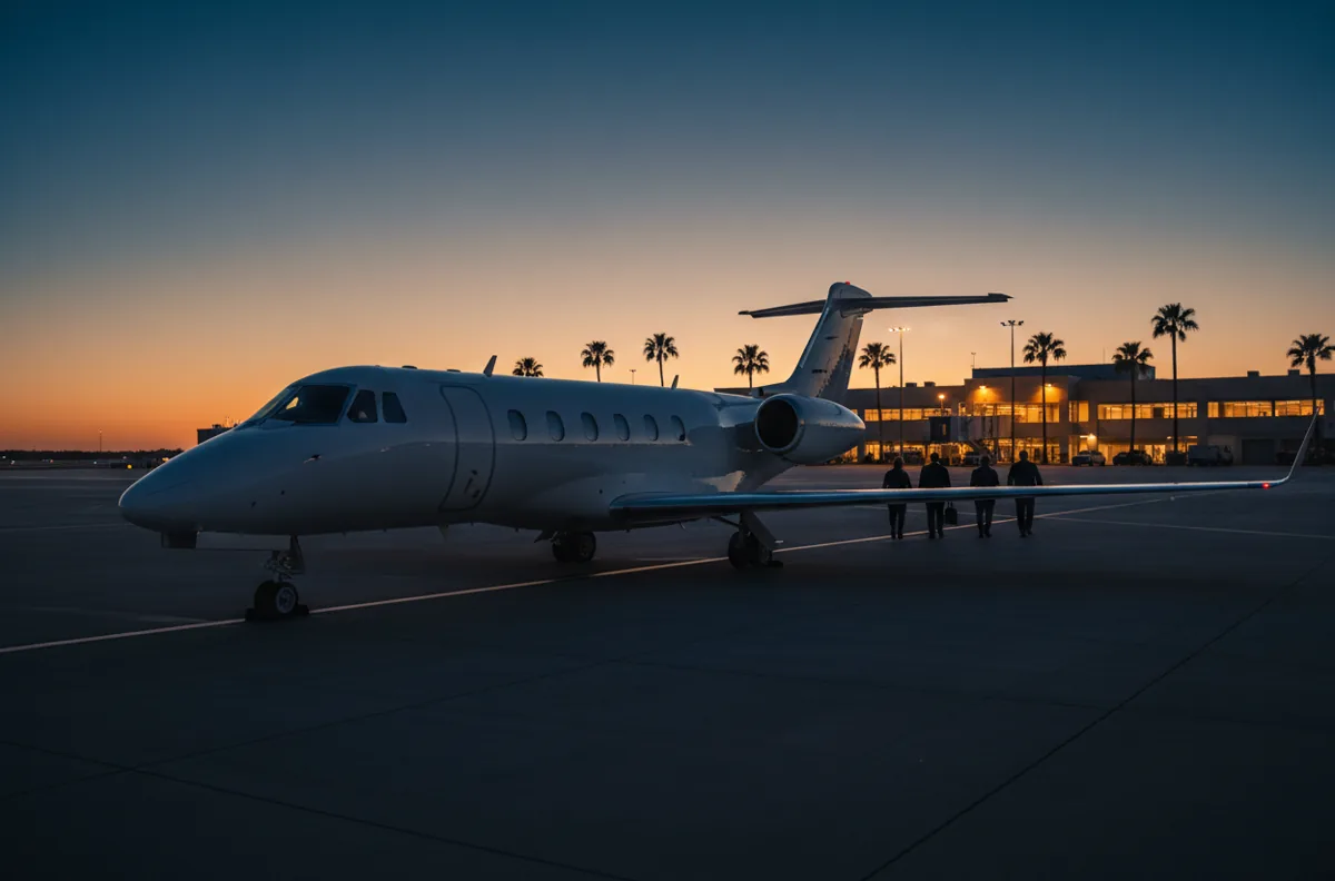 A private jet on an airport tarmac at dusk with silhouetted palm trees.