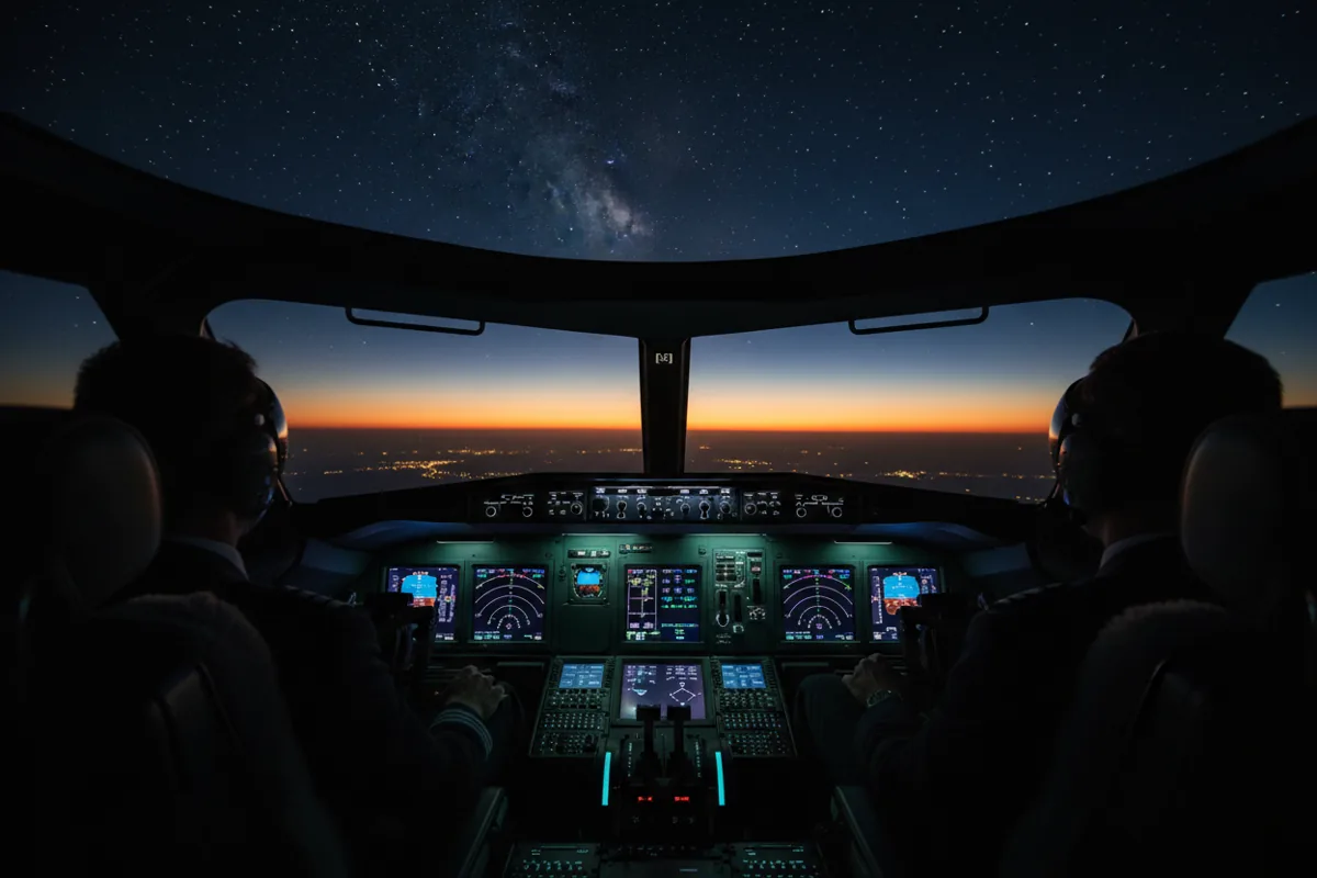 View from a modern airplane cockpit at night, showing a glowing horizon.