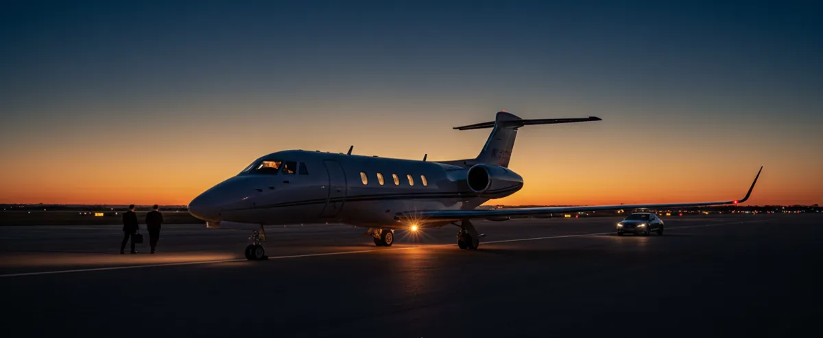 A private jet parked on a tarmac, silhouetted against a golden sunset sky.