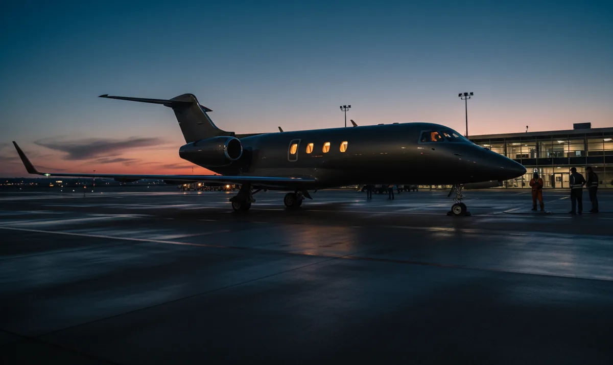 A private jet parked on an airport tarmac at dusk, with its interior lights on.