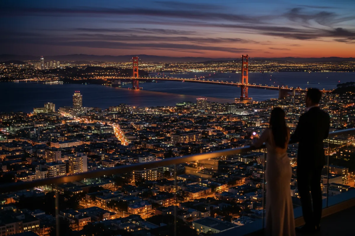 The illuminated Golden Gate Bridge and San Francisco city lights seen from a distance at dusk.