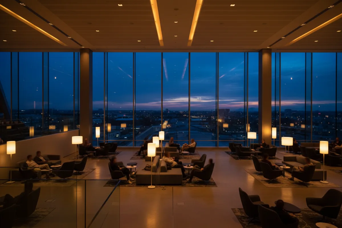 A modern, quiet airport lounge at twilight, viewed from an upper level.