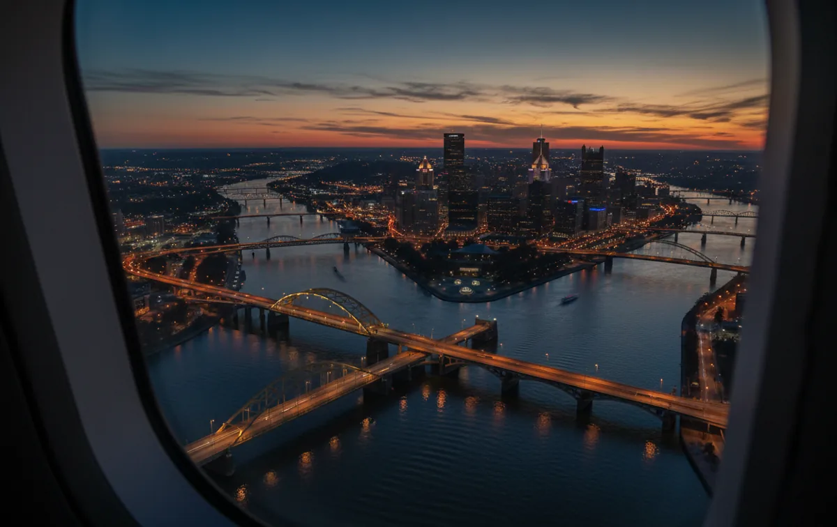 Aerial view of Pittsburgh's three rivers and illuminated city bridges at dusk.