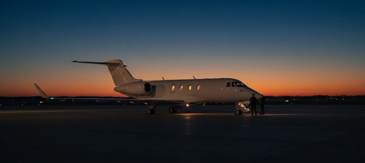 A white private jet sits on an airfield under a clear blue sky, ready for departure.