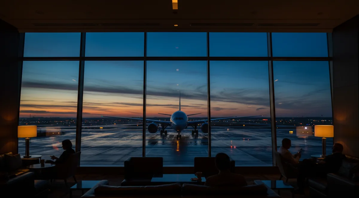 A passenger jet on the tarmac at dusk, viewed from inside a modern airport lounge.