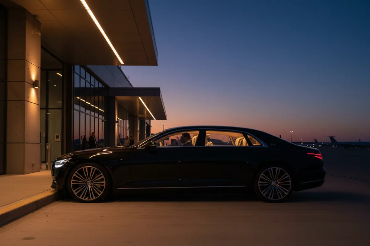 A luxury sedan waiting at the curb of a private airport terminal at dusk.