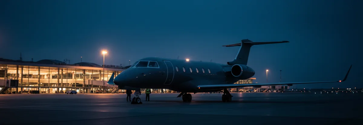 A private jet on an airport tarmac at dusk, with the warm lights of a terminal in the background.