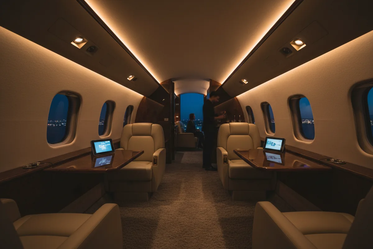 The empty, warmly lit interior of a luxurious private jet cabin at night.