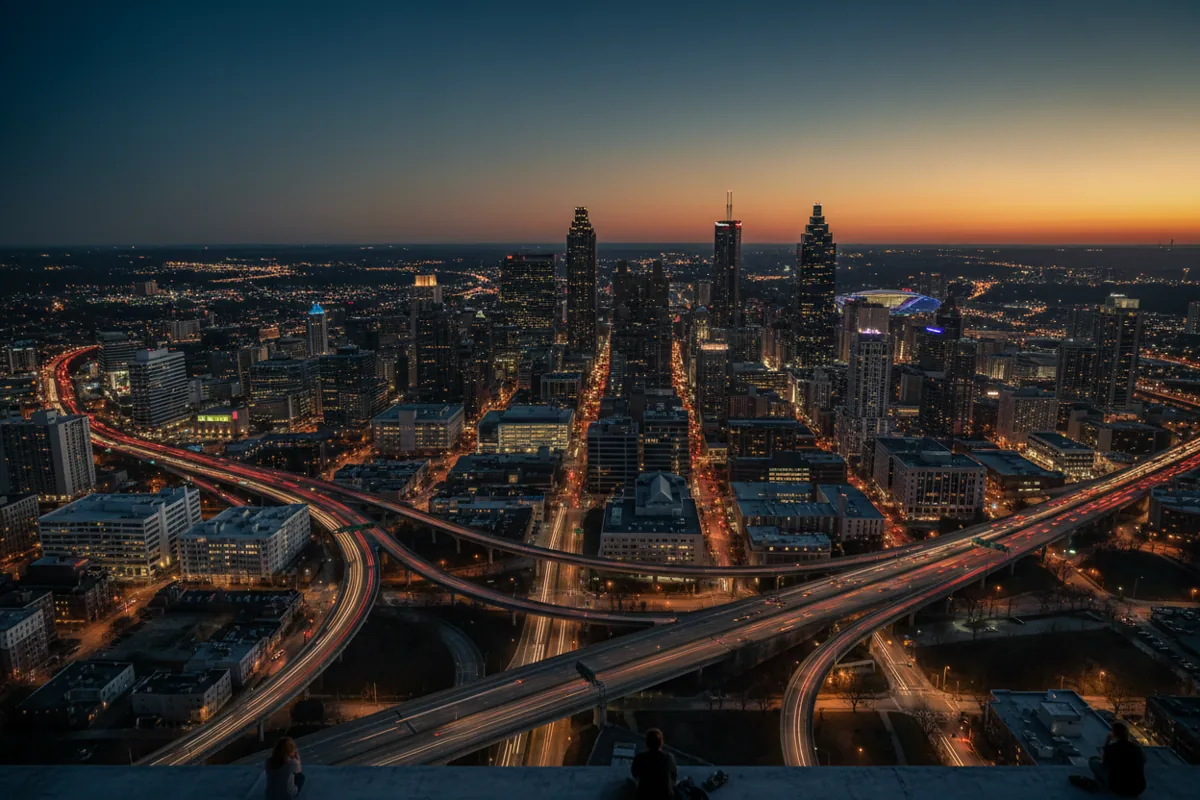 The downtown Atlanta skyline glowing with city lights against a deep navy sky at dusk.