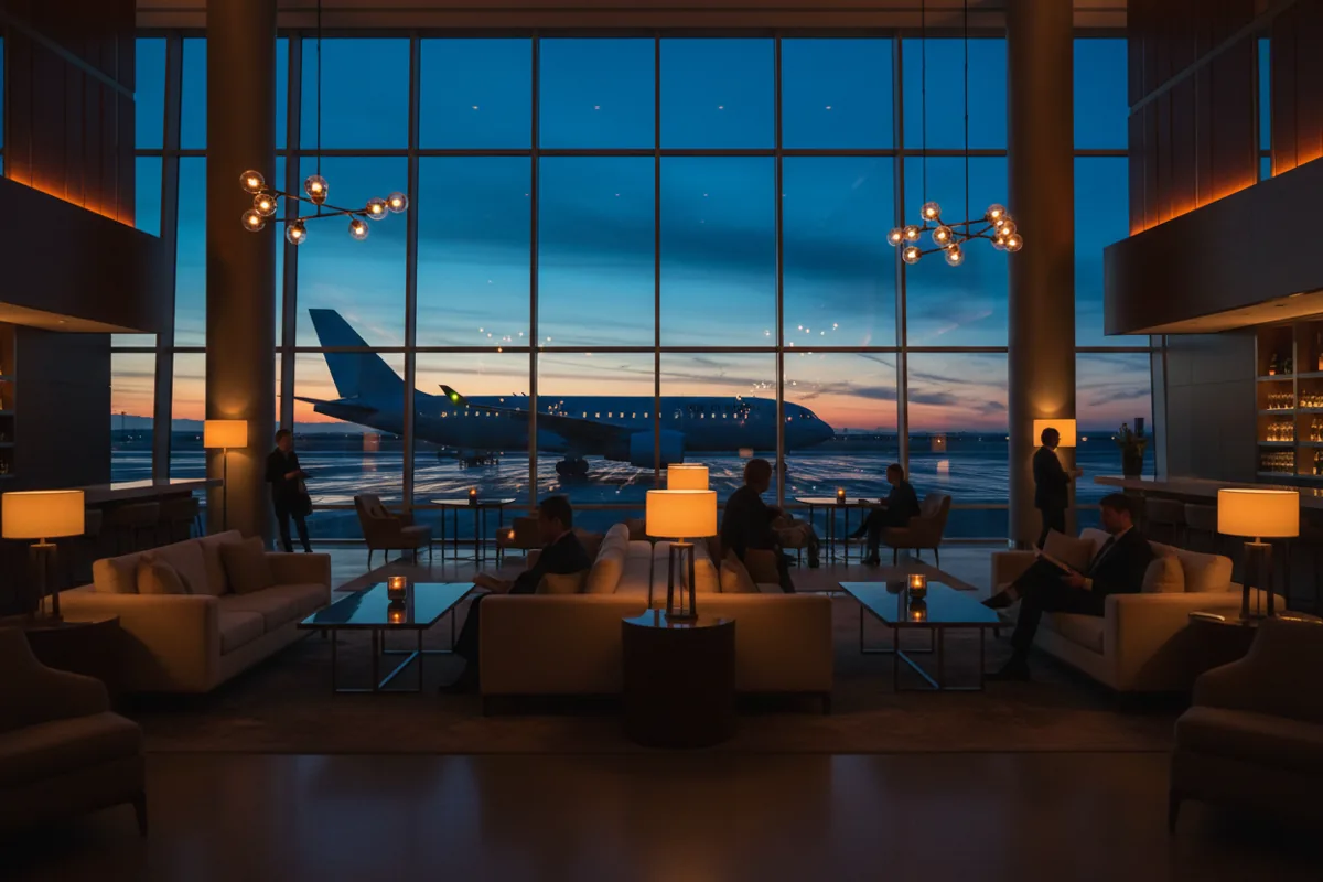 View of an airplane on the tarmac at dusk from inside a modern airport lounge.