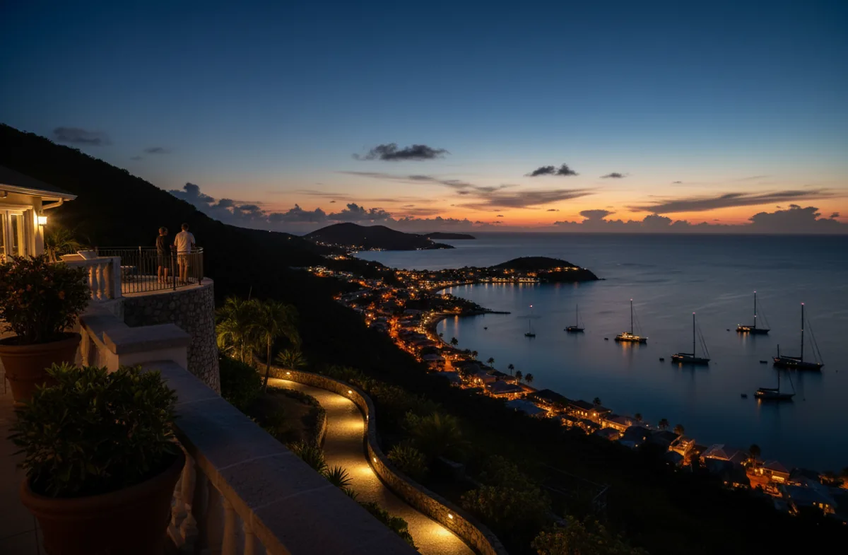 A bay in the Virgin Islands at twilight, with the lights of a town and boats glowing.