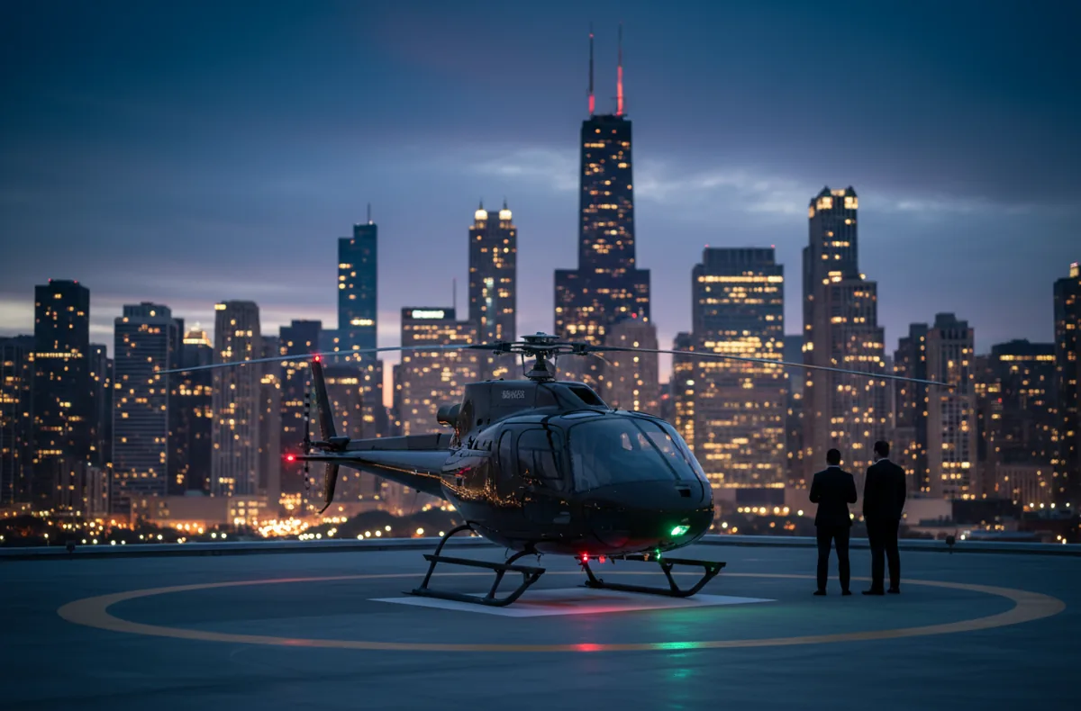 A helicopter on a rooftop helipad at dusk, with a city skyline in the background.
