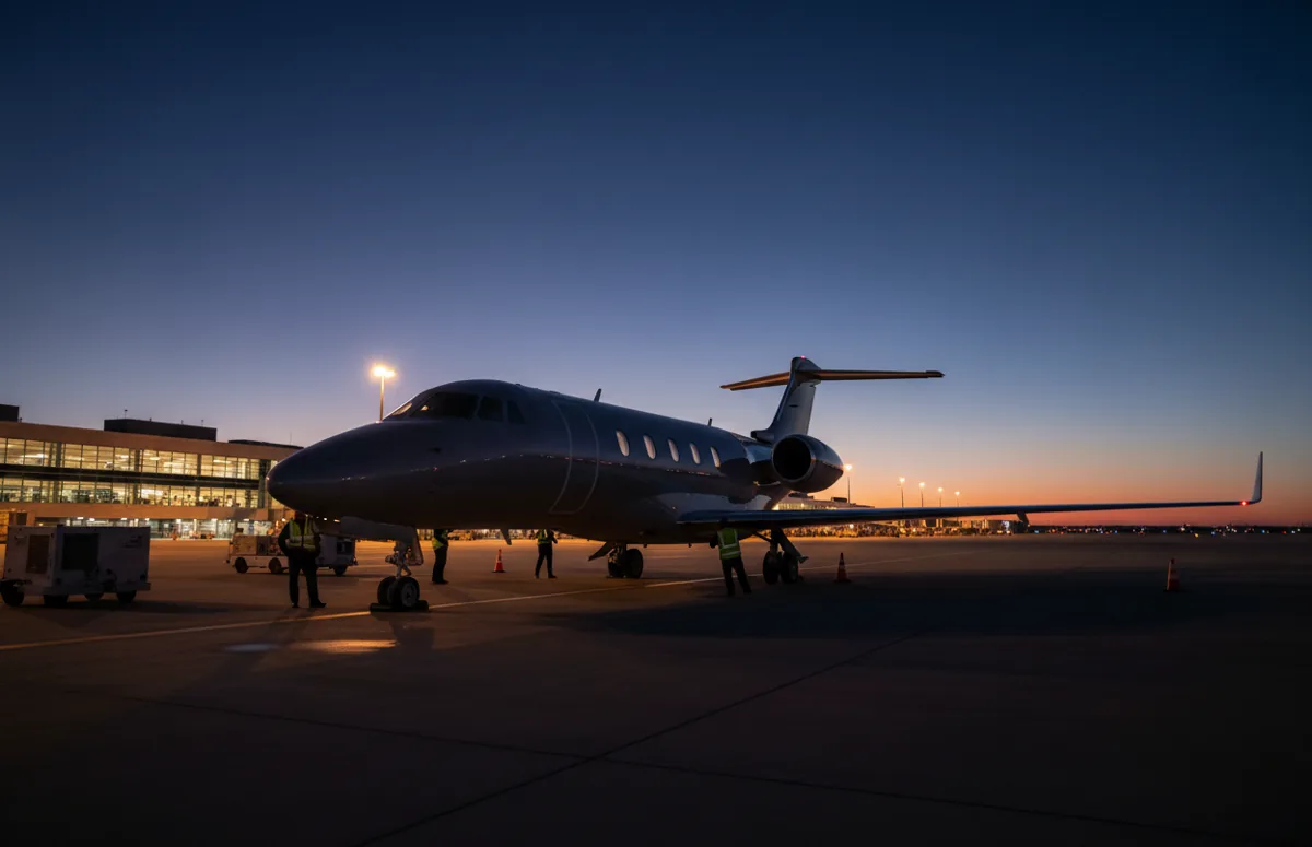 A private jet on an airport tarmac at dusk, being prepared for a flight.