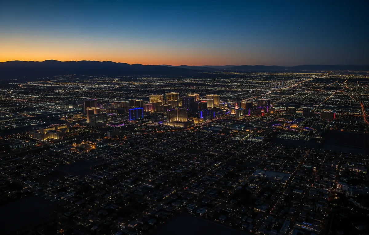 Aerial view of the Las Vegas Strip glowing in the desert at twilight.