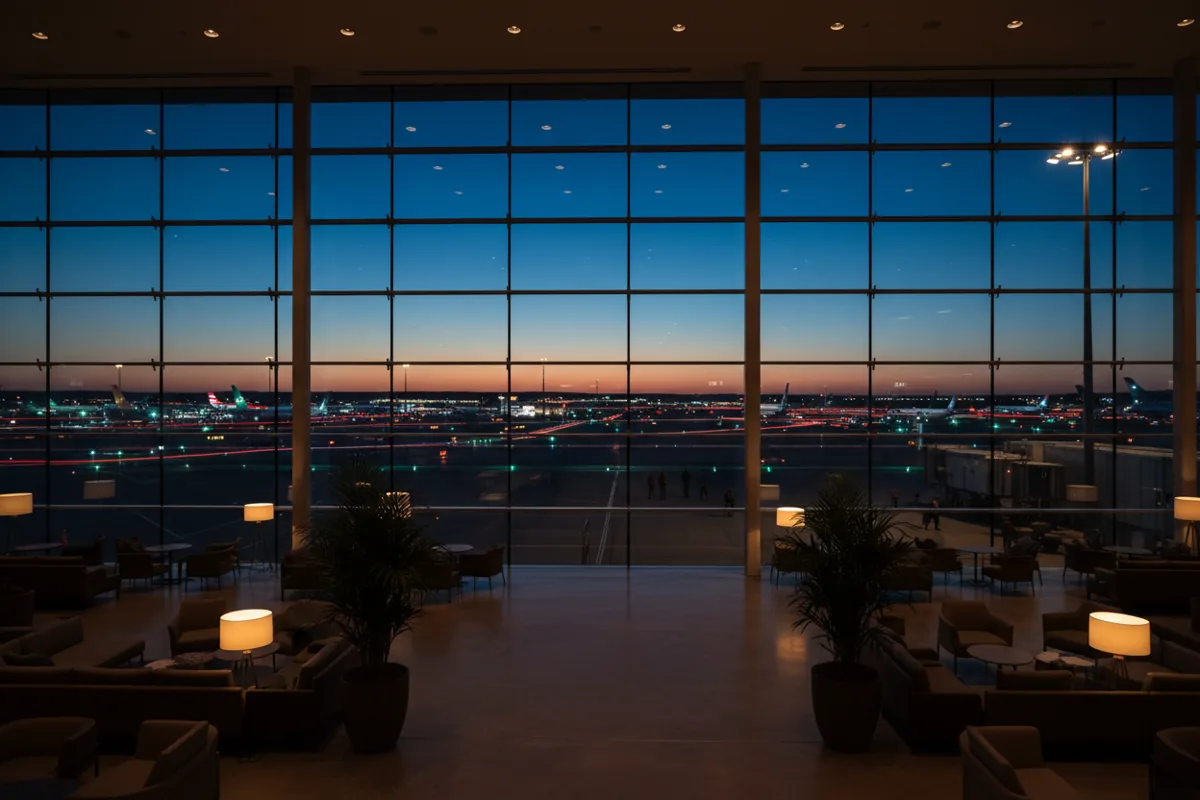 A modern airport lounge with large windows overlooking a runway at dusk.