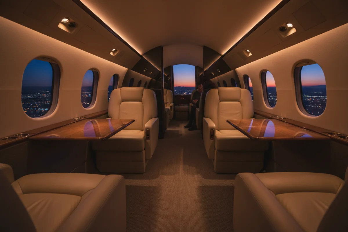 The empty, warmly lit cabin of a luxury private jet at twilight.