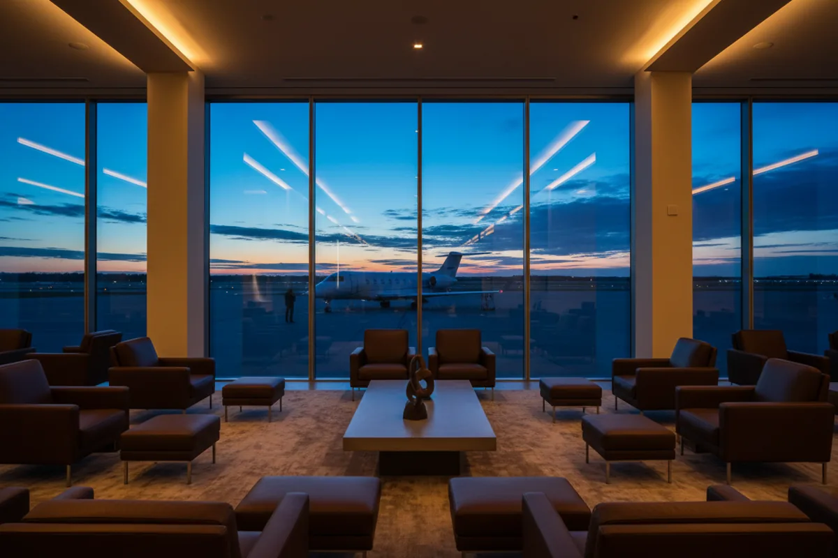A modern private airport lounge with large windows looking out onto a jet on the tarmac at dusk.