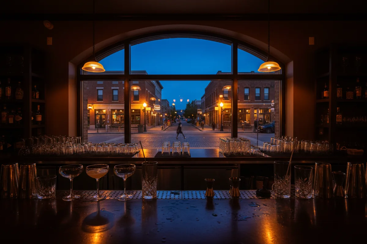 The interior of a sophisticated, dimly lit bar with warm lighting and a view of a city street at twilight.