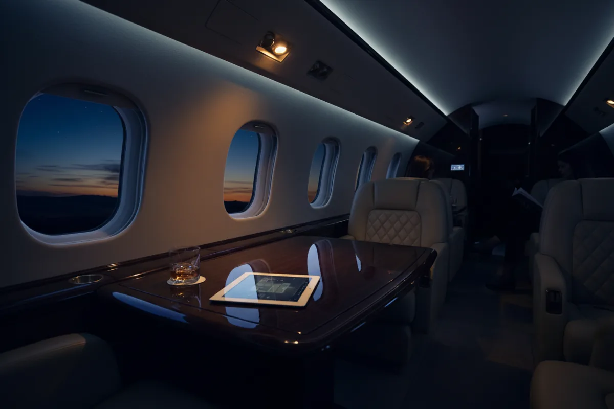 The luxurious interior of a private jet cabin with leather seats and a polished table at dusk.