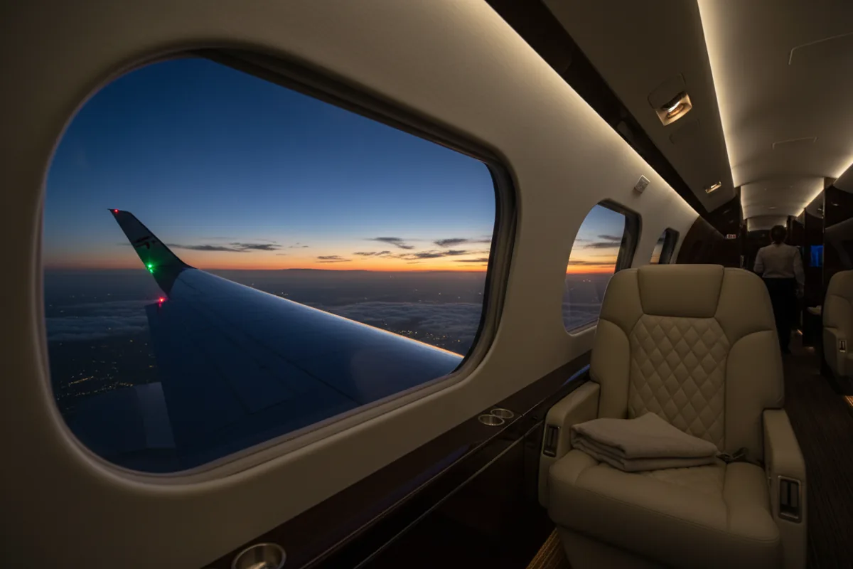 The interior of a private jet cabin looking out the window at the wing and the sky at twilight.