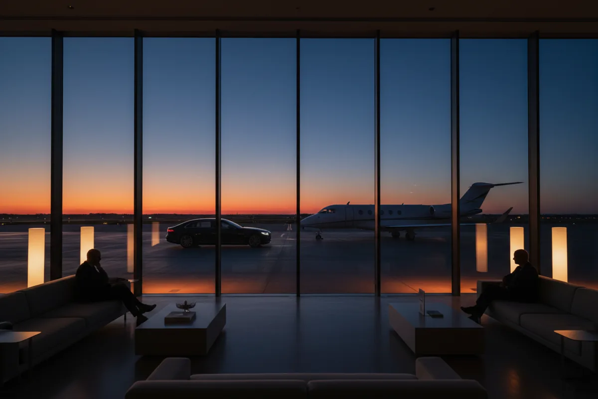 A luxury car and a private jet seen from inside a modern airport lounge at dusk.