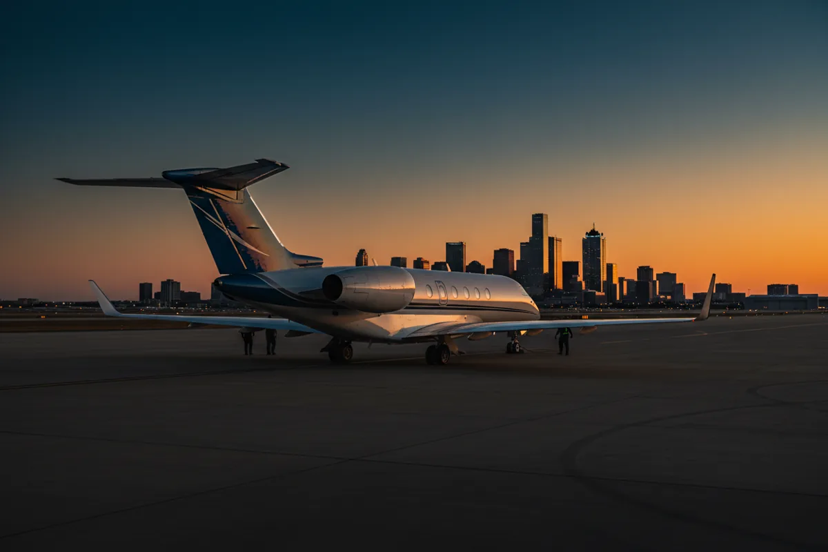 A midsize business jet on a flat apron at sunset with the Fort Worth skyline in the distance.