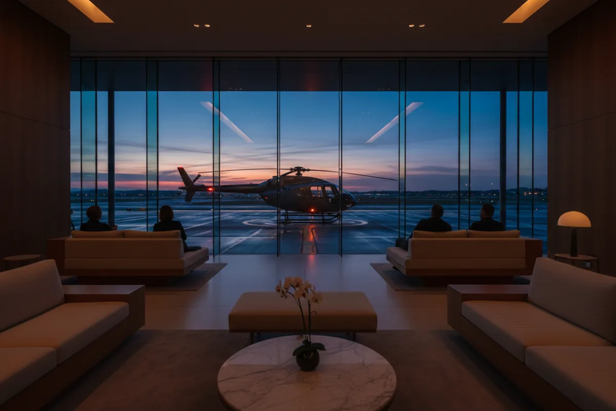 Hélicoptère sur un héliport privé au crépuscule, vu depuis un salon d'aéroport moderne.