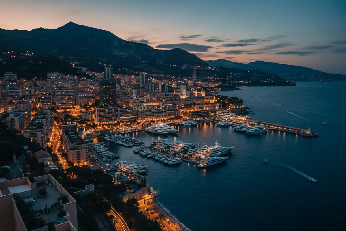 Vue aérienne de Monaco et de son port illuminés à la tombée de la nuit.